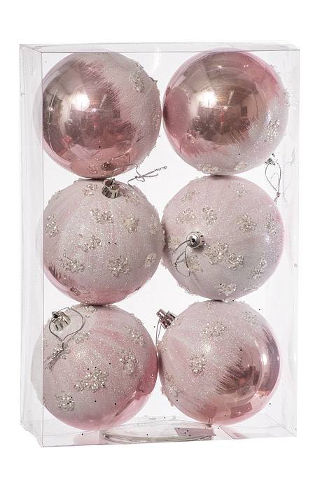 4" Plastic Ball Ornament W/snow Light Pink Pkg/6