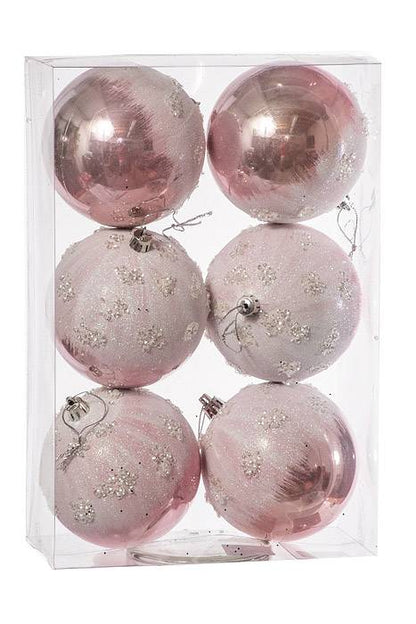 4" Plastic Ball Ornament W/snow Light Pink Pkg/6