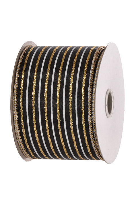 2.5" X 10Yds Wired Satin Gold Glitter White Thin Vertical Stripe Ribbon Black