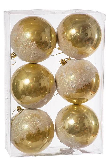 4" Plastic Ball Ornament W/snow Gold Pkg/6