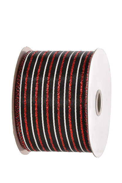 2.5" X 10Yds Wired Satin Red Glitter White Vertical Stripe Ribbon Black