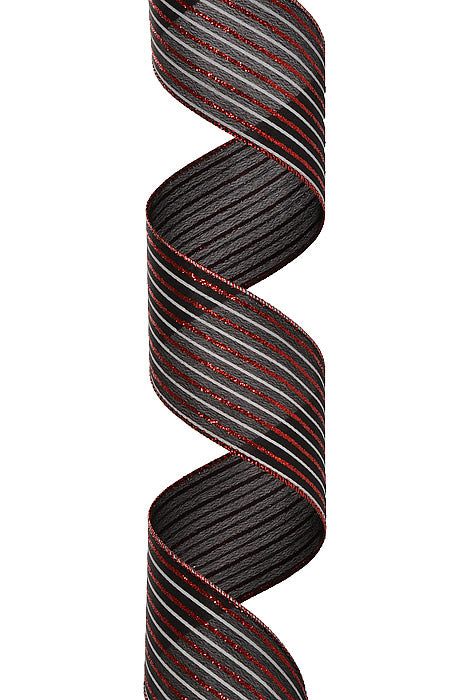 2.5" X 10Yds Wired Satin Red Glitter White Vertical Stripe Ribbon Black