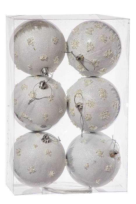 4" Plastic Ball Ornament W/snow Silver Pkg/6