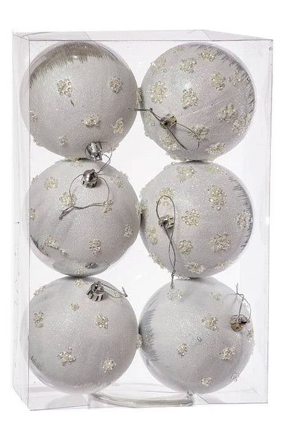 4" Plastic Ball Ornament W/snow Silver Pkg/6