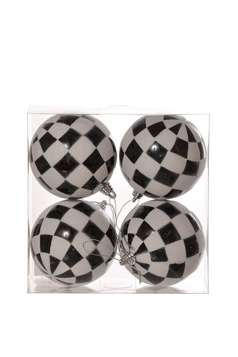 100Mm Checker Ball Ornament (Black/White) Pkg/4