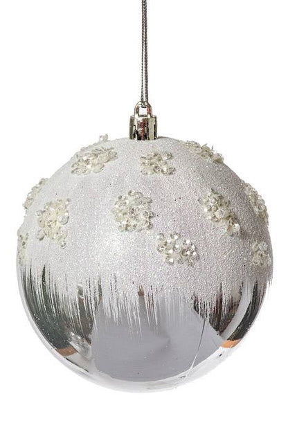 4" Plastic Ball Ornament W/snow Silver Pkg/6