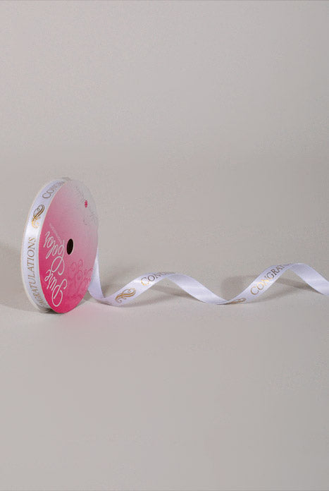 3/8" X 10Yds Congratulations Satin Ribbon Gold/White