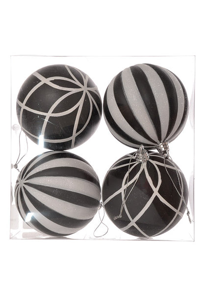 100Mm Ball &amp; Vertical Stripe Ball Ornament (Black/White) Pkg/4