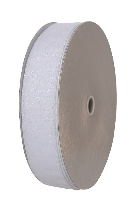 1.5" X 50Yds Wired Glittered Satin Ribbon White/Iridescent
