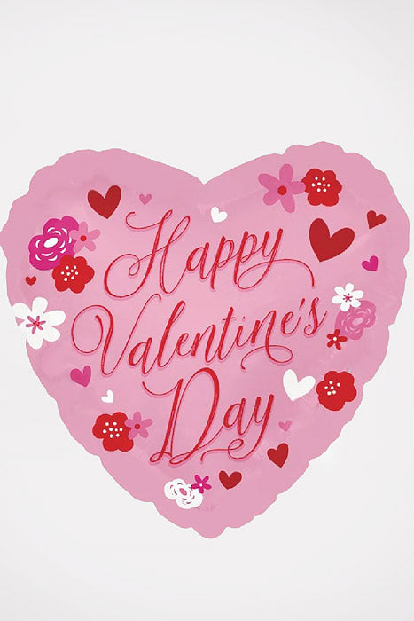 17" Happy Valentine Day Heart Foil Balloon W/Flowers Pink Pkg/25