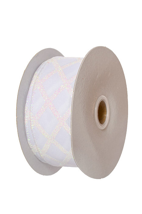 1.5" X 10Yds Wired Satin Criss Cross Diamonds Ribbon White/Iridescent