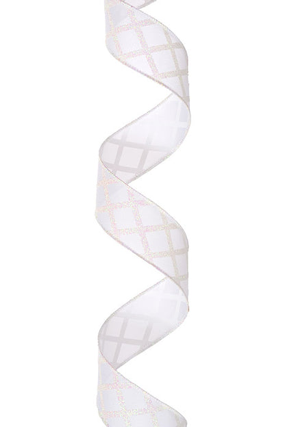 1.5" X 10Yds Wired Satin Criss Cross Diamonds Ribbon White/Iridescent