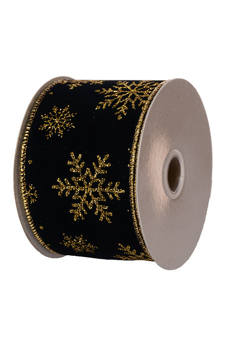 2.5" X 10Yds Wired Velvet Glitter Snowflakes Ribbon Black/Gold