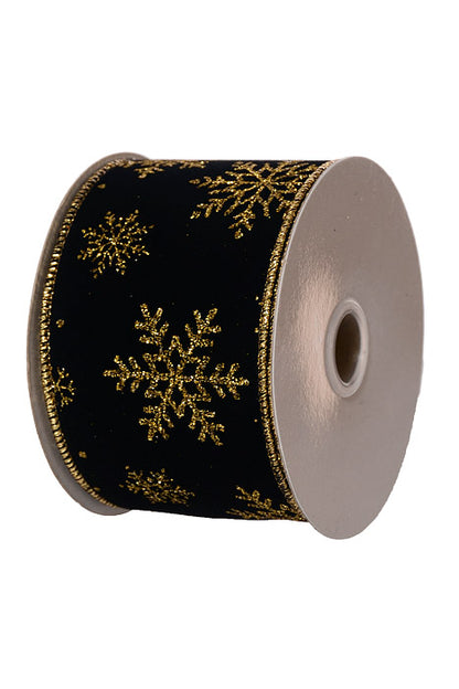 2.5" X 10Yds Wired Velvet Glitter Snowflakes Ribbon Black/Gold