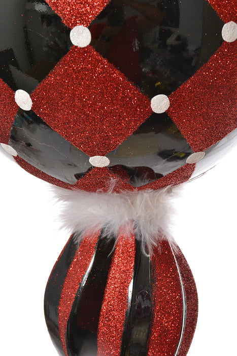 16" Finial With Glitter/Feather Ornament (Black/Red/White)