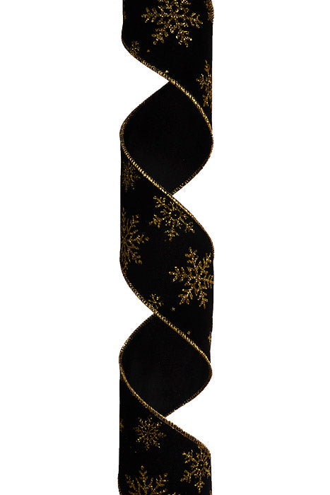 2.5" X 10Yds Wired Velvet Glitter Snowflakes Ribbon Black/Gold