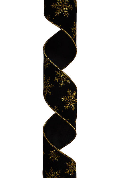 2.5" X 10Yds Wired Velvet Glitter Snowflakes Ribbon Black/Gold