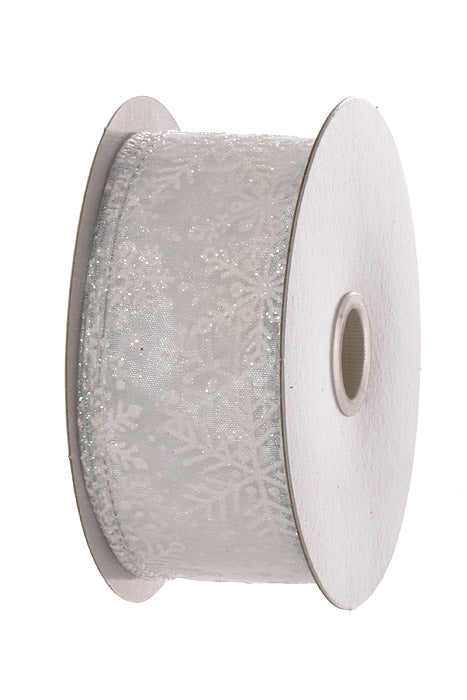 1.5" X 10Yds Wired White Sheer/White Glitter Snowflakes Ribbon White