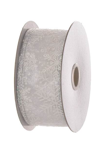 1.5" X 10Yds Wired White Sheer/White Glitter Snowflakes Ribbon White