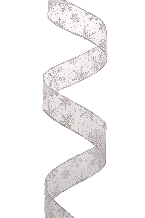 1.5" X 10Yds Wired White Sheer/White Glitter Snowflakes Ribbon White