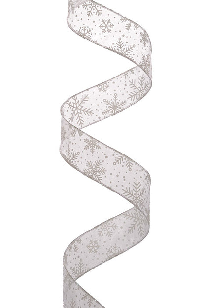 1.5" X 10Yds Wired White Sheer/White Glitter Snowflakes Ribbon White