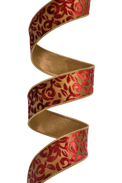 2" x 10Yds Devore Velvet Leaves Gold/Burgundy