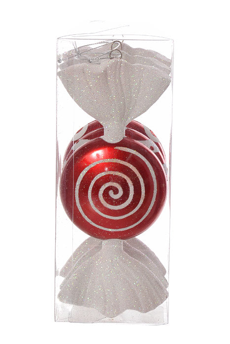 7" Flat Round Candy With Iris Glitter Ornament (Red/White) Pkg/3