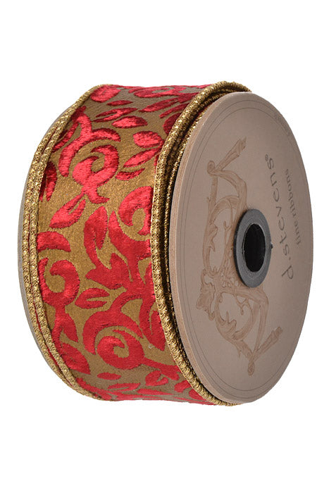 2" x 10Yds Devore Velvet Leaves Gold/Burgundy