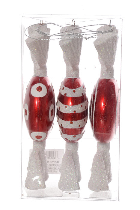 7" Flat Round Candy With Iris Glitter Ornament (Red/White) Pkg/3