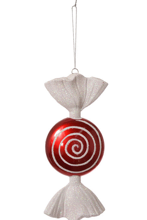 7" Flat Round Candy With Iris Glitter Ornament (Red/White) Pkg/3