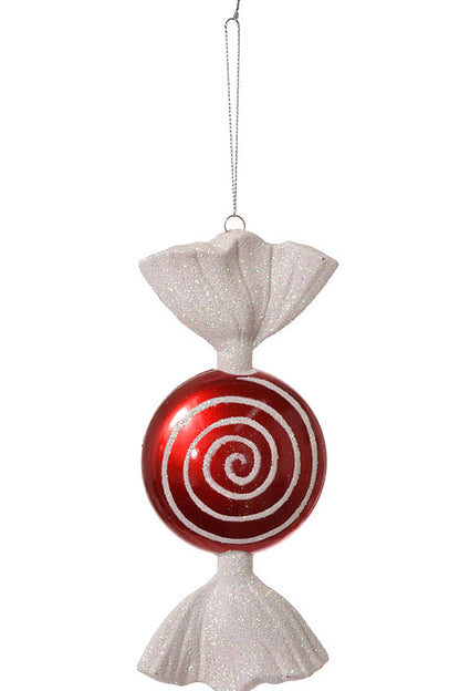 7" Flat Round Candy With Iris Glitter Ornament (Red/White) Pkg/3