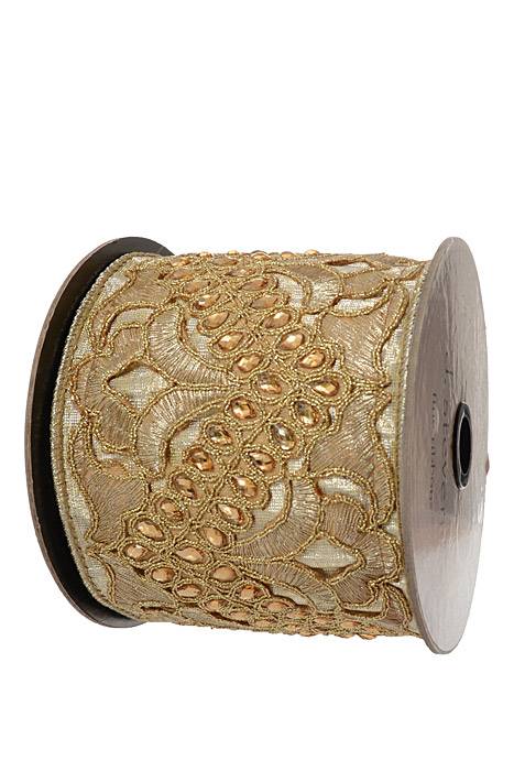 4" X 5yds Wired Metallic Dupion With Floral Crystal Trellis Platinum