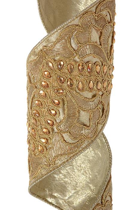 4" X 5yds Wired Metallic Dupion With Floral Crystal Trellis Platinum