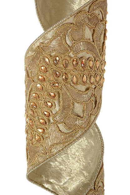 4" X 5yds Wired Metallic Dupion With Floral Crystal Trellis Platinum