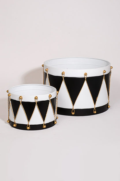 6.75"/10" Metal Drum White/Black/Gold Set/2