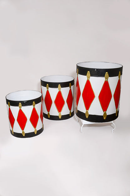 15.25"/17.75"/20.25" Metal Drum White/Red/Gold Set/3