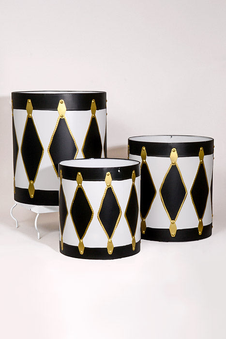 15.25"/17.75"/20.25" Metal Drum White/Black/Gold Set/3