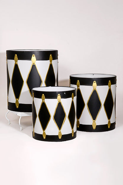 15.25"/17.75"/20.25" Metal Drum White/Black/Gold Set/3