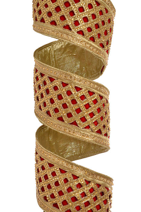 4" X 5Yds Velvet Jewel Lattice Trim Red/Gold