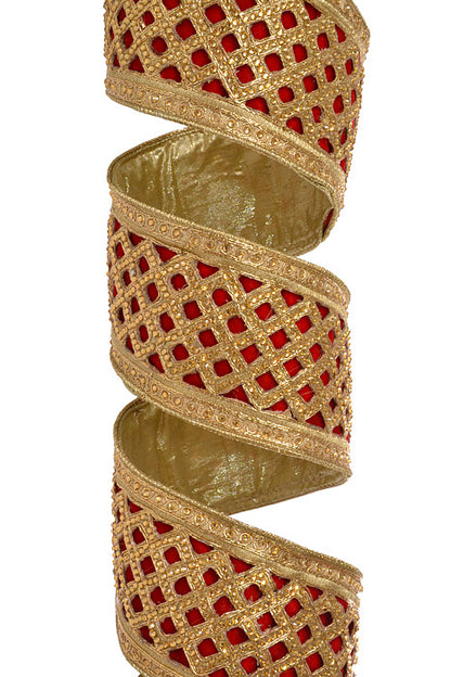4" X 5Yds Velvet Jewel Lattice Trim Red/Gold