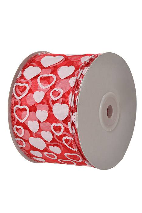 2.5" X 25yds Sheer/Heart Print Wire Ribbon Red/White