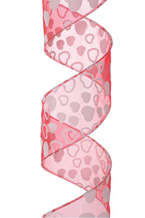 2.5" X 25yds Sheer/Heart Print Wire Ribbon Red/White