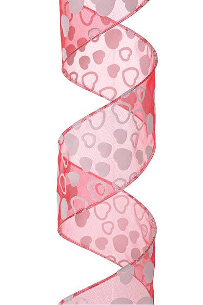 2.5" X 25yds Sheer/Heart Print Wire Ribbon Red/White