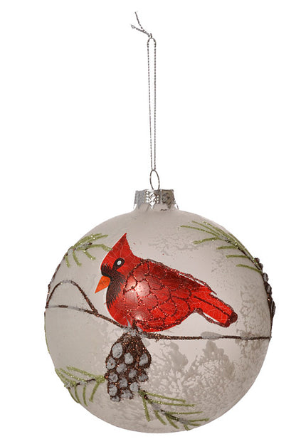 120Mm Glass Ball Ornament with Cardinal White/Red