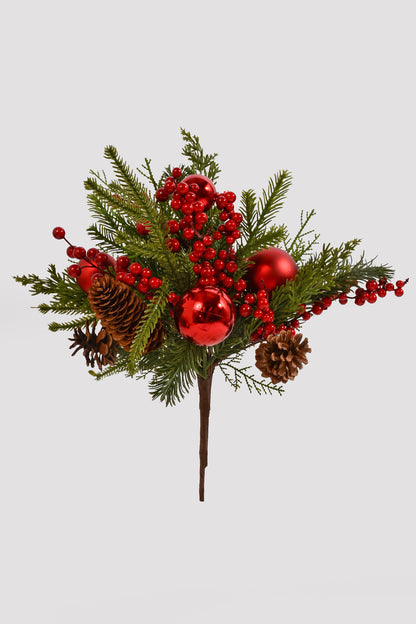 16" Ball/Berry/Cone/Pine Bouquet Red/Green