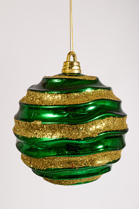 200Mm Plastic Ball with Glitter/Sequin Ornament Green/Gold