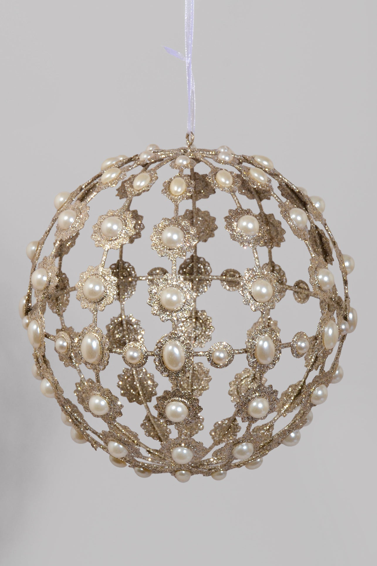 8.5" Pearl Ball Ornament W/Glitter Champagne
