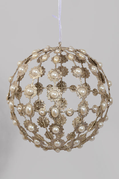 8.5" Pearl Ball Ornament W/Glitter Champagne