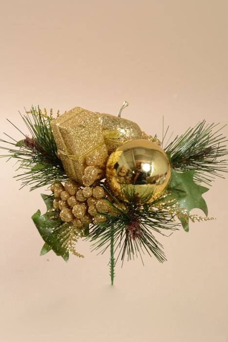 8" Deluxe Glitter Apple/berry/box Pick Gold Pkg/12