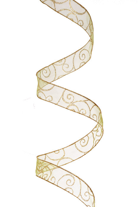 1.5" X 50Yds Wired Swirl  Ribbon Spring Moss/Gold